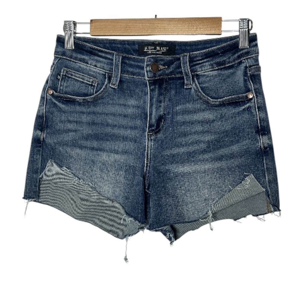 Judy Blue Denim Shorts Womens Small Distressed Frayed Hem Med Rise Blue Jeans